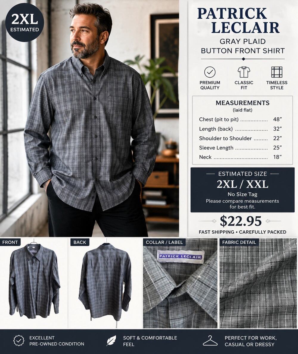 Patrick Leclair Men’s Button Down Collared Shirt Grey Plaid Textured Size 2XL